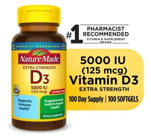 Nature Made Extra Strength Vitamin D3 5000 IU (125 mcg) Softgels, Dietary Supplement for Bone and Immune Health Support, 100 Count